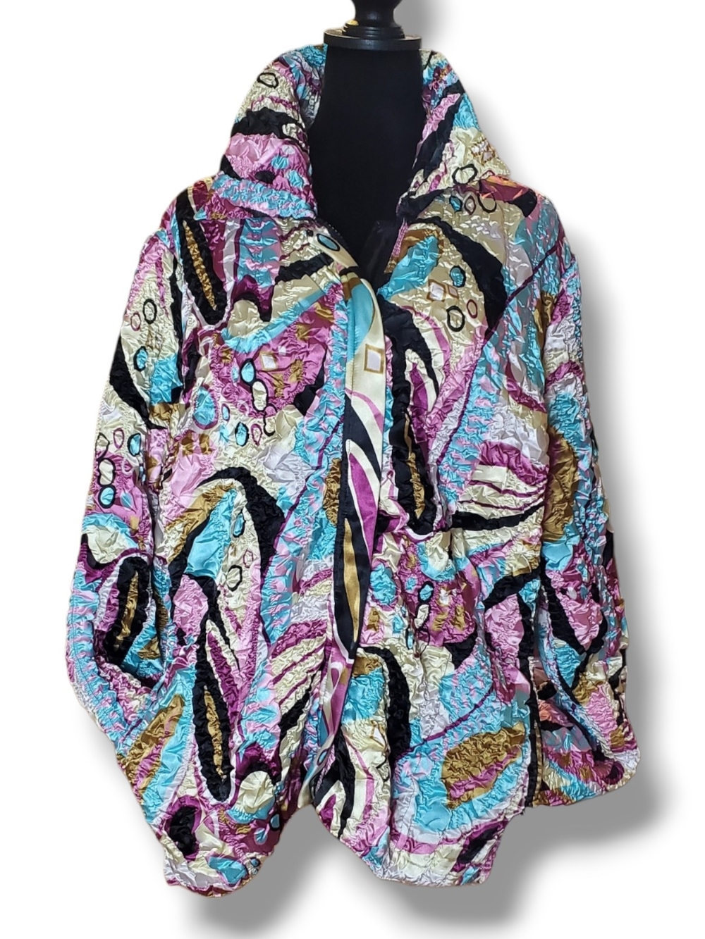 Pleats Collection Abstract Crinkle Plissé Zip Jacket Sz L - Popcorn Textured